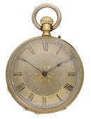 Swiss. A gold open-faced keyless watch, circa 1890.
Movement: cylinder escapement.
Dial: gilt, engine-turned...