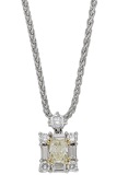 A Fancy coloured diamond pendant, the cut-cornered radiant-cut diamond of yellow tint, weighing 0.51 carat, within a...