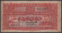 Government of the Straits Settlements, $1, 1 January 1930, serial number P/41 21165, Shelley signature, original...