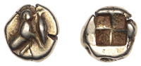 Mysia, Kyzikos, El Hekte, c. 500-450, lion seated left on tunny fish, raising right forepaw, rev. quadripartite...