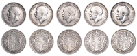 George V, Halfcrowns (5), 1911, 1914 (2), 1915, 1919 (S 4011) [5]. Fine or better
	 £80-£100