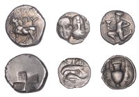 Islands off Thrace, Thasos, Trihemiobol, c. 412-404, Satyr kneeling left, holding kantharos in right hand, rev....