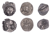 Mysia, Cyzikos, Obol, c. 525-475, forepart of boar left, tunny fish upward right, rev. head of lion roaring left,...