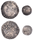 James I, Third coinage, Halfgroat, mm. rose, 0.98g/12h (N 2127; S 2671); Charles I, Tower mint, Shilling, Gp F, mm....