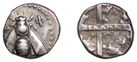 Ionia, Ephesos, Drachm, c. 340-330, Exedamas as magistrate, bee with [e] φ either side, rev. quadripartite incuse...