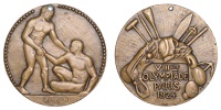 France, Olympic Games, Paris, 1924, Third Place Winner’s Medal, a bronze award by A. Rivauld, nude athlete helping...