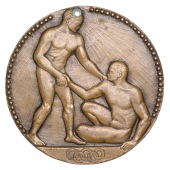 France, Olympic Games, Paris, 1924, Third Place Winner’s Medal, a bronze award by A. Rivauld, nude athlete helping...