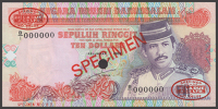 Government of Brunei, specimen 10 Ringgit, 1989, serial number 000000, red SPECIMEN overprint and De La Rue ovals,...