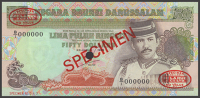 Government of Brunei, specimen 50 Ringgit, 1989, serial number B/1 000000, red SPECIMEN overprint and De La Rue...