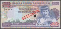 Government of Brunei, specimen 100 Ringgit, 1994, serial number B/5 000000, red SPECIMEN overprint and De La Rue...