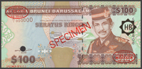 Government of Brunei, specimen 100 Ringgit, 1996, serial number C/1 000000, red SPECIMEN overprint and De La Rue...