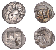 Mysia, Kyzikos, Obol, c. 450-400, forepart of boar left, retrograde E on shoulder, tunny fish behind, rev. lion head...