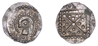 Early Anglo-Saxon Period, Sceatta, Secondary Series O related, keyhole bust left, with stub nose and swept back...
