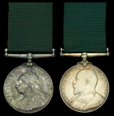 Volunteer Force Long Service Medal (2), V.R., unnamed as issued; E.VII.R. (4252 C. Sjt: W. M. Knight. 24/Middx:...