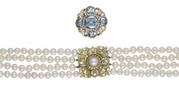 A convertible gem-set necklace / brooch by Cassandra Goad, 2000, the four rows of cultured pearls, measuring...