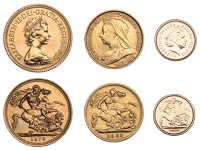 Victoria, Half Sovereign, 1898 (S 3874); Elizabeth II, Sovereign, 1979, Quarter Sovereign, 2010 (S SC1) [3]. First...