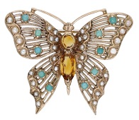 A gem-set butterfly brooch, 1967, of openwork design set with turquoise cabochons and seed pearls, with vari-cut...
