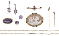 A collection of late 19th - early 20th century jewellery, comprising a pair of amethyst and diamond ear pendants, a...