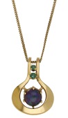 An 18ct gold opal and emerald pendant by Ingeborg Bratman, 1994, set with a boulder opal cabochon within an openwork...