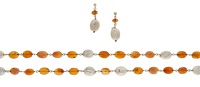 A freshwater cultured pearl and fire opal necklace and earrings by Ingeborg Bratman, the oval-shaped fire opal beads...