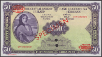 Central Bank of Ireland, specimen £50, 2 March 2002 (fictitious date), serial number 01Y 000000 Muimhneachain and...