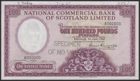 National Commercial Bank of Scotland, specimen £100, 1 June 1967, serial number A000000, Alexander signature,...