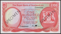 Royal Bank of Scotland PLC, specimen £100, 3 May 1982, serial number A/1 000000, specimen number 165, Charles...