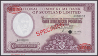 National Commercial Bank of Scotland, specimen £100, 1 June 1967, serial number A000000, specimen number 094,...