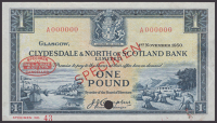 Clydesdale & North of Scotland Bank Limited, specimen £1, 1 November 1950, serial number A000000, specimen number...