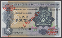 Clydesdale & North of Scotland Bank Limited, specimen £5, 20 September 1961, serial number B/A 000000, Fairbairn...