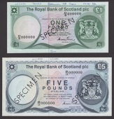 Royal Bank of Scotland PLC, specimen £1, 3 January 1985, serial number D/8 000000, and specimen £5, 3 May 1982,...