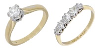 Two diamond rings, the first set with a brilliant-cut diamond in 18ct gold, UK hallmark, the second set with a...