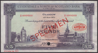 Clydesdale & North of Scotland Bank Limited, specimen £5, 2 May 1951, serial number B000000, specimen number 45,...