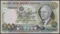 Allied Irish Banks Limited, specimen £100, 1 January 1982, serial number TN000000, O’Keeffe signature, perforated...