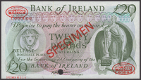 Bank of Ireland, specimen £20, 1985, serial number C000000, Harrison signature, red SPECIMEN overprint, red De La...