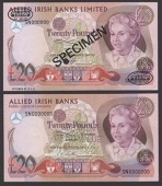 Allied Irish Banks, specimen £20 (2), 1 December 1984 and 1 April 1987, serial numbers SN000000 and SN0000000, the...