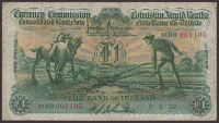 Currency Commission, Bank of Ireland, £1, 9 February 1939, serial number 01BB001105, Brennan and Johnston...