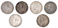 Spain, Amadeo I, 5 Pesetas (3), all 1871, Madrid (KM 666); Alfonso XII, 5 Pesetas, 1875, Madrid (KM 671); Alfonso...