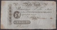Ross Bank, unissued 4 Guineas (4 Pounds, 11 Shillings), 1 September 1814, serial number 203, three spindle holes at...