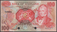 Bank of Scotland, specimen £100, 6 December 1971, serial number A000000, specimen number 010, Polwarth and Walker...
