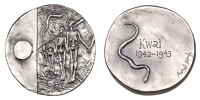 50th Anniversary of Kwai, 1991, a plated cast bronze medal by R. Searle, skeletal figures lying on railway tracks,...