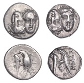 Thrace, MOESIA INFERIOR, Istros, Staters (2), c. 400-350, two young male heads facing, one inverted, rev. sea eagle...