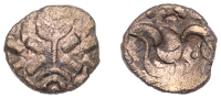 British Iron Age, CORIELTAUVI, Aunt Cost (c. AD 15-40), a debased gold Stater, Left type, wreath crossed by bar with...