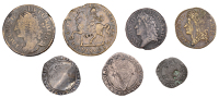 IRELAND, James II, Gunmoney coinage, Crown, 1690, sword into legend, 13.20g/12h, Shilling, 1689 Oct:, 5.11g/12h...