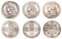 George II, Shillings (3), 1743, 1745 lima, 1758 (ESC 1720, 1724, 1734; S 3702, 3703, 3704) [3]. All cleaned,...