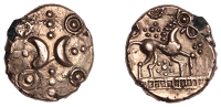 British Iron Age, ICENI, Uninscribed issues, a contemporary fourrée gold Stater, Freckenham Crescents [Moon Faces]...