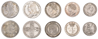 George II, Sixpences (2), 1741 roses, 1757 (ESC 1751, 1762; S 3708, 3711); George IV, Sixpence, 1824, Maundy...