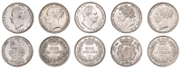 George IV, Shillings (2), 1821, 1825 (S 3810, 3812); William IV, Shilling, 1837 (S 3835); Victoria, Shillings (2),...
