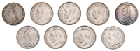 Victoria, Shillings (4), 1887 (2), 1889, 1897 (S 3926, 3927, 3940); George V, Shillings (5), 1916, 1931 (2), 1936...
