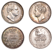 George IV, Sixpence, 1826 (ESC 2433; S 3815); William IV, Sixpence, 1831 (ESC 2499; S 3836) [2]. Both prettily...